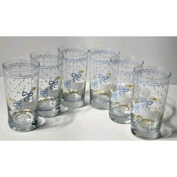 VINTAGE Set OF 6 FARM COUNTRY Goose Glass Tumblers 1987 Anchor Hocking Blue Bow - Picture 2 of 10